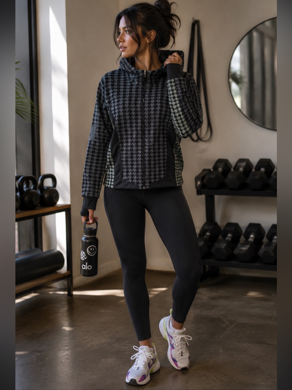 Adidas Running Houndstooth Zip Jacket Reflective Fitted Athleisure M